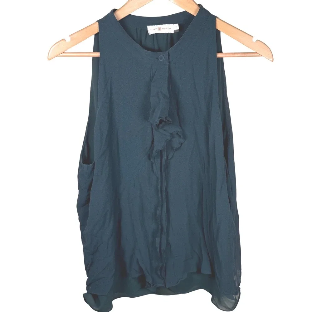 Tory Burch Ruffle Front Blouse‎ Women 14 Forest Green Silk Career Corporatecore